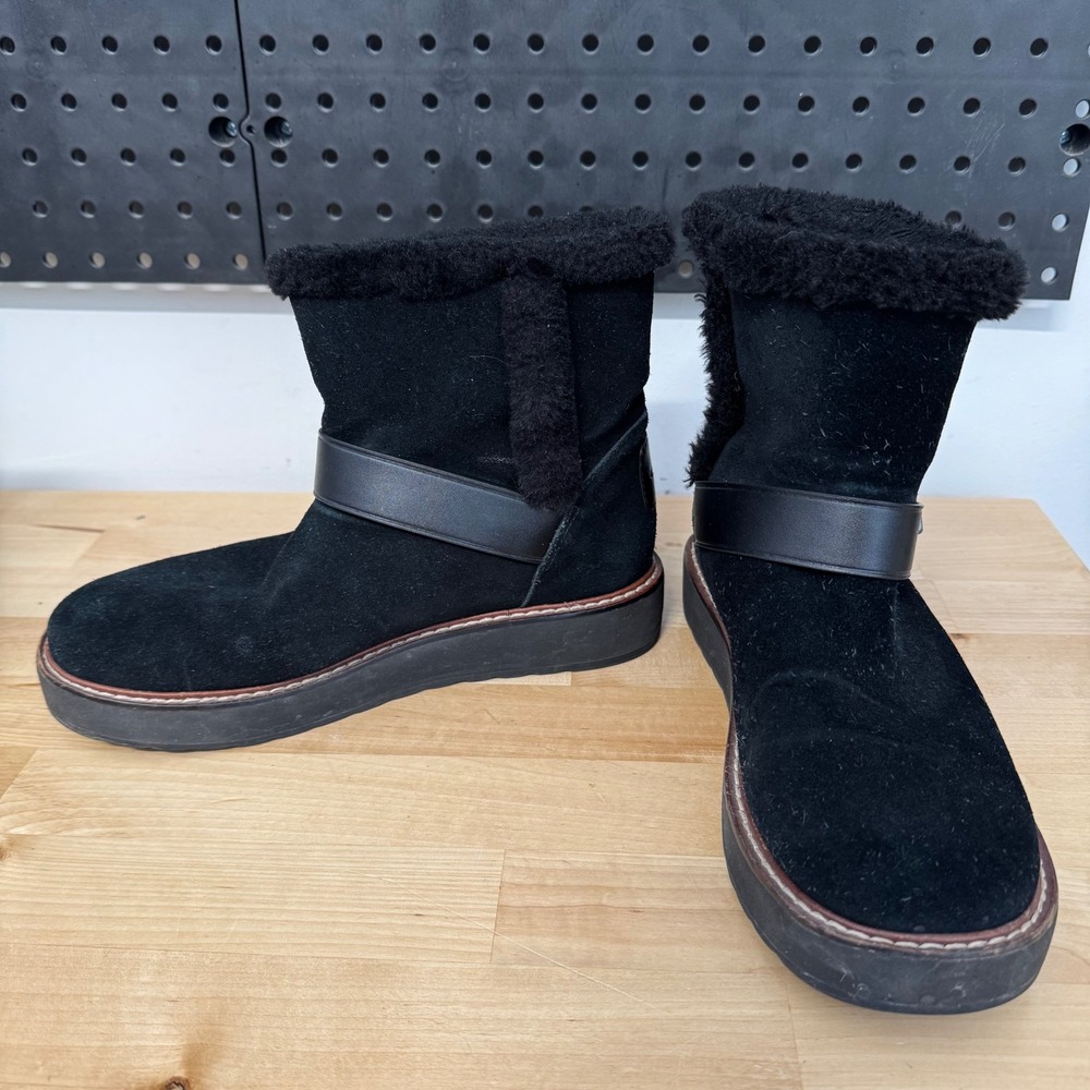 Coach Black Suede Faux Fur Lined Turnlock Ankle Boots G1123 Womens Size 6.5